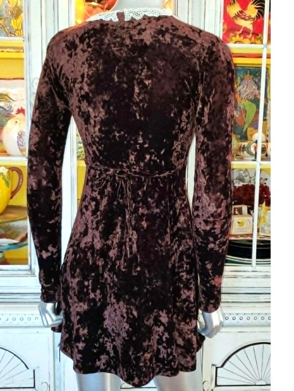 Vintage Betsey Johnson 90s Y2K Brown Crushed Velvet Victorian Pearl Skater Dress - Picture 6 of 15